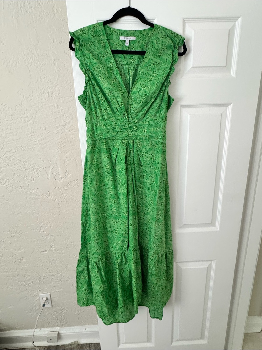 Derek Lam Green Printed Midi Dress with Ruffle Shoulders